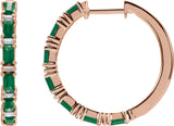 14K Gold Straight Baguette Natural Emerald & Natural Diamond Accented Hoop Earrings - Rose Gold - view 4