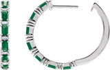 14K Gold Straight Baguette Natural Emerald & Natural Diamond Accented Hoop Earrings - White Gold - view 6