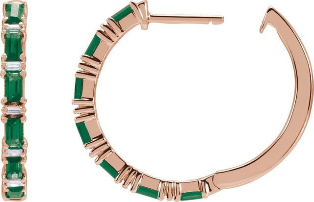 14K Gold Straight Baguette Natural Emerald & Natural Diamond Accented Hoop Earrings - Rose Gold - view 6