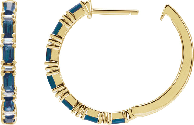 14K Gold Straight Baguette Natural Blue Sapphire & Natural Diamond Accented Hoop Earrings - Yellow Gold - view 6