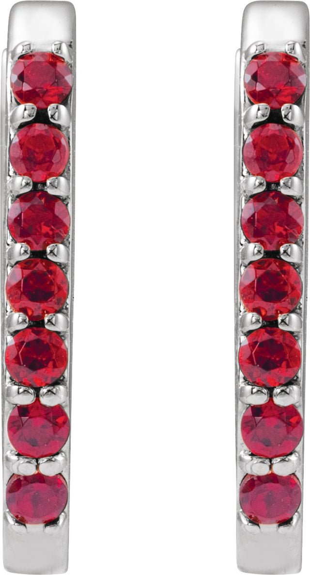 14K Gold Round Lab-Grown Ruby Accented Elongated Hoop Earrings - White Gold - view 6
