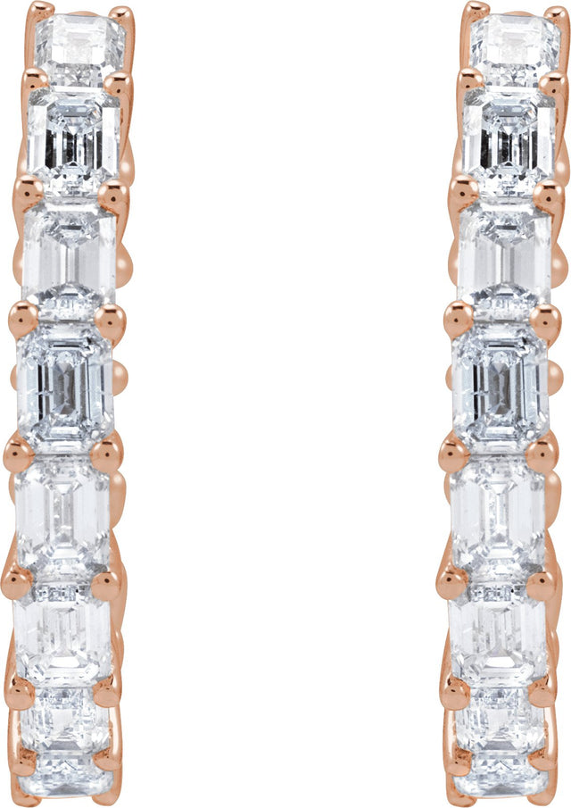 14K Gold Emerald Natural Diamond Inside-Outside Hoop Earrings - Rose Gold - view 11