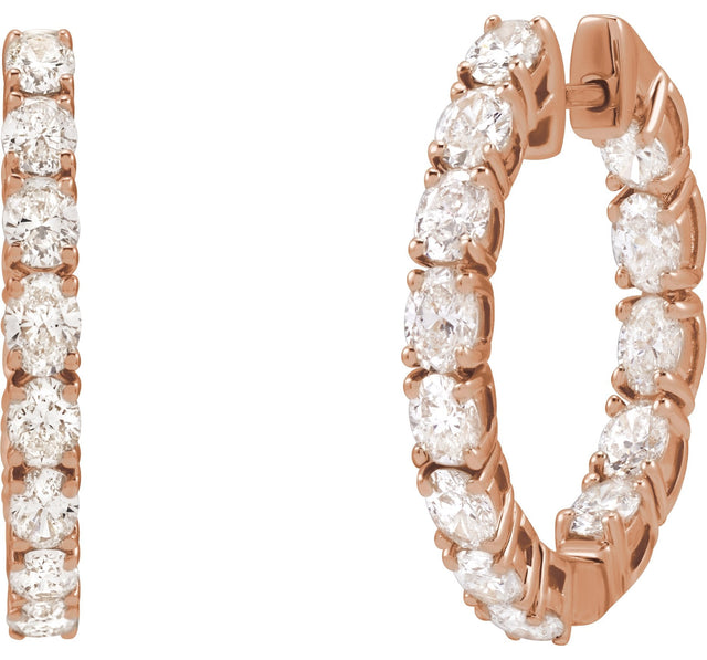 14K Gold Oval Natural Diamond Inside-Outside Hoop Earrings - Rose Gold - view 16