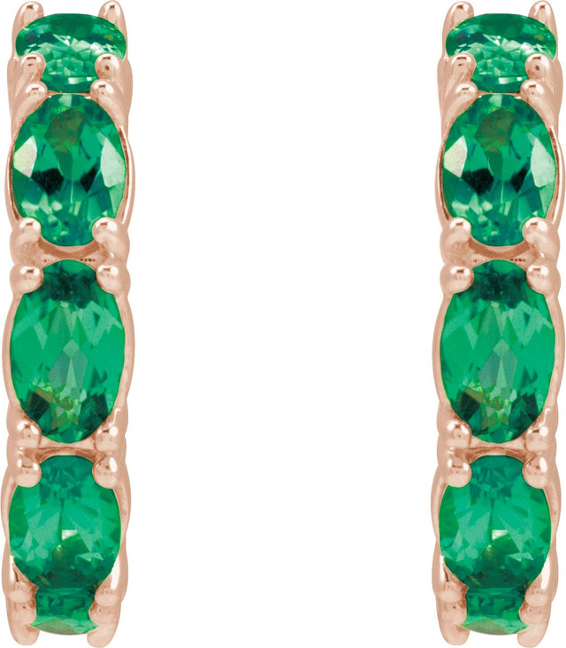 14K Gold Oval Natural Emerald Accented Hoop Earrings - Rose Gold - view 6