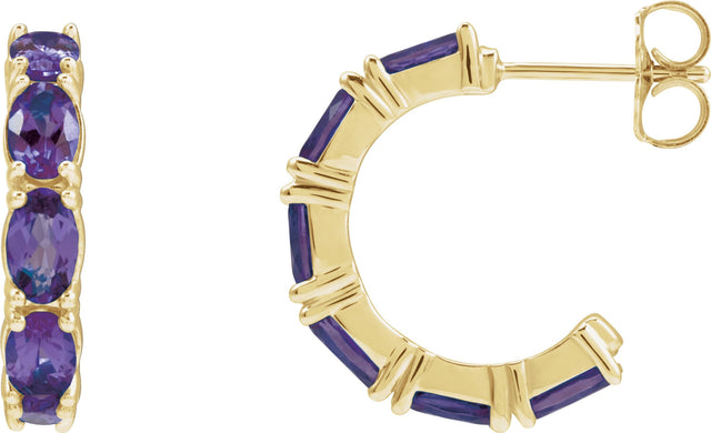 14K Gold Oval Natural Amethyst Accented Hoop Earrings - Yellow Gold - view 3