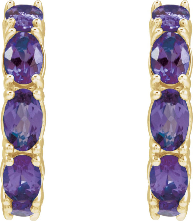 14K Gold Oval Natural Amethyst Accented Hoop Earrings - Yellow Gold - view 4