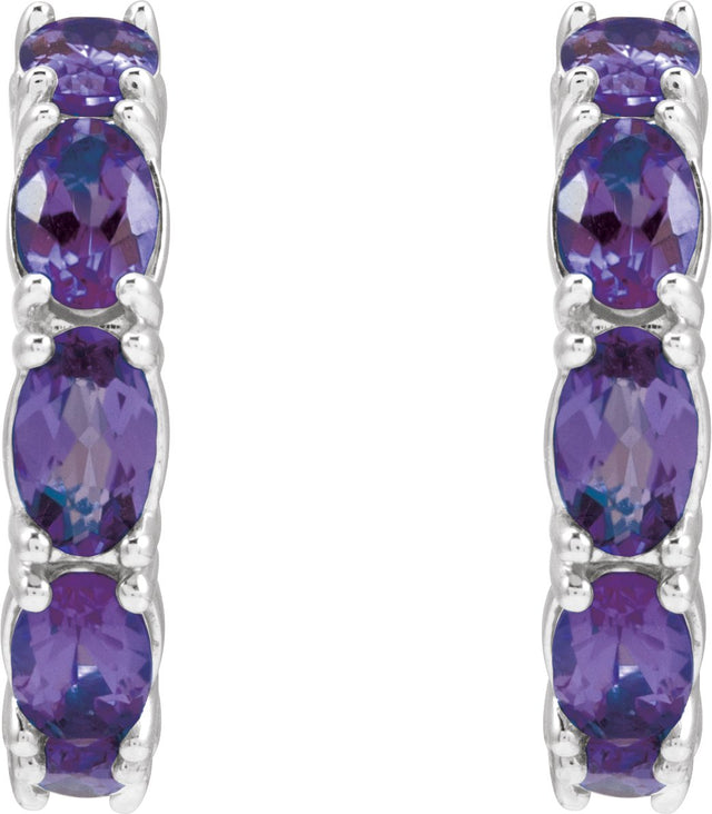 14K Gold Oval Natural Amethyst Accented Hoop Earrings - White Gold - view 4