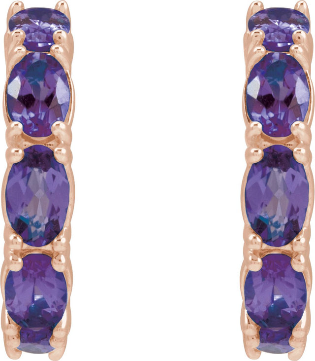 14K Gold Oval Natural Amethyst Accented Hoop Earrings - Rose Gold - view 7