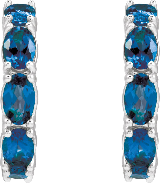14K Gold Oval Natural Blue Sapphire Accented Hoop Earrings - White Gold - view 4