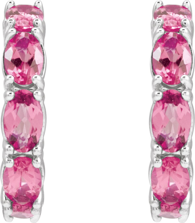 Platinum Oval Natural Pink Tourmaline Accented Hoop Earrings - view 7