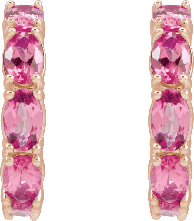 14K Gold Oval Natural Pink Tourmaline Accented Hoop Earrings - Rose Gold - view 7