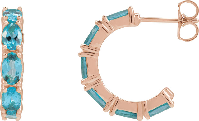 14K Gold Oval Natural Blue Zircon Accented Hoop Earrings - Rose Gold - view 6