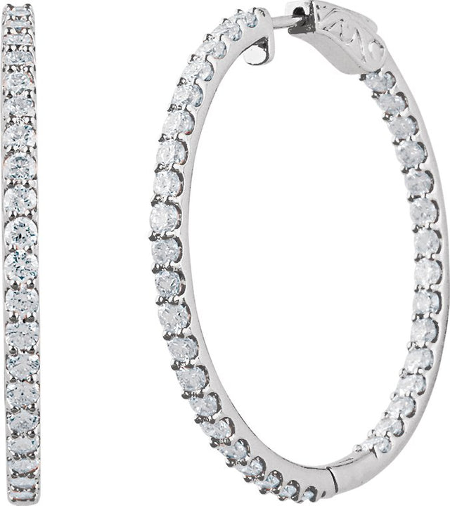 14K Gold Round Lab-Grown Diamond Inside-Outside Hoop Earrings - White Gold - view 8