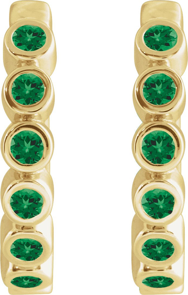 14K Gold Round Natural Emerald Hinged Hoop Earrings - Yellow Gold - view 5