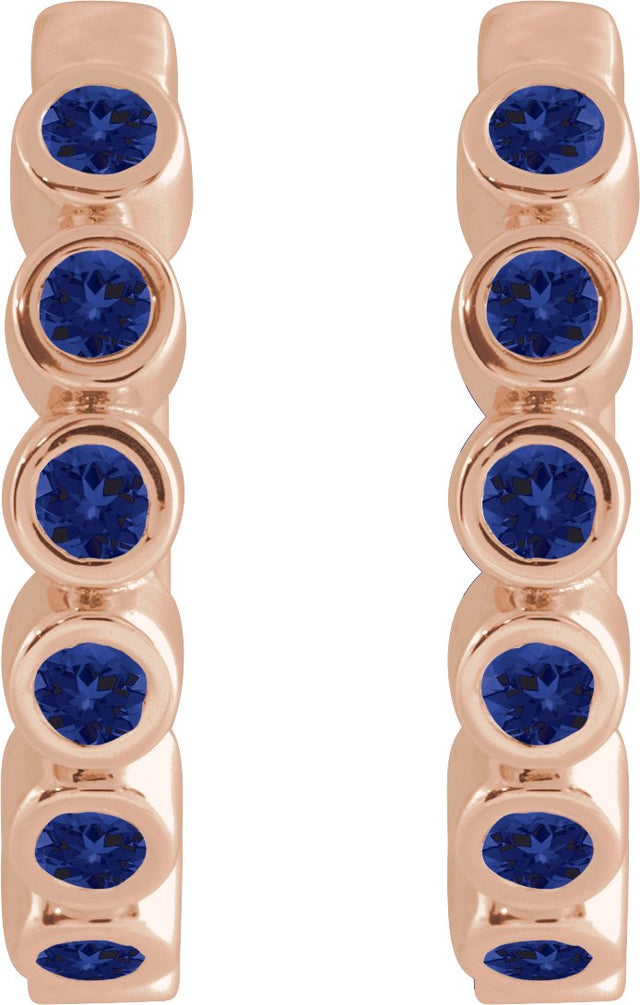 14K Gold Round Natural Blue Sapphire Hinged Hoop Earrings - Rose Gold - view 7