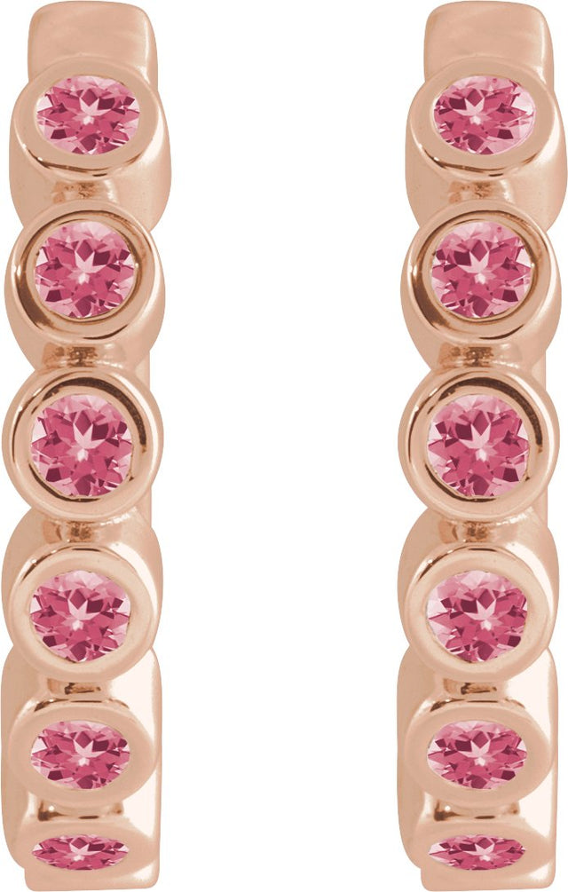 14K Gold Round Natural Pink Tourmaline Hinged Hoop Earrings - Rose Gold - view 7