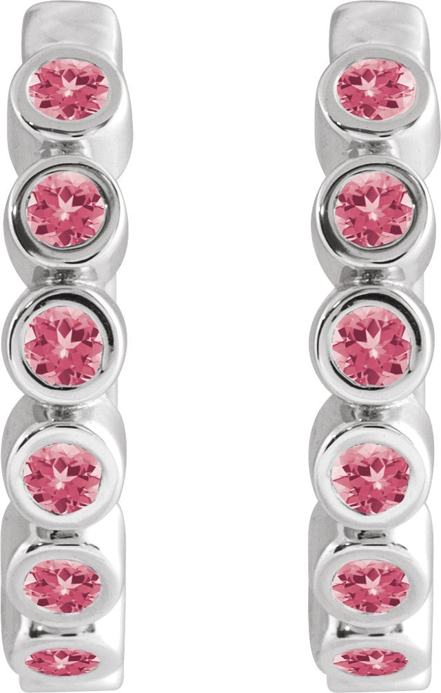 14K Gold Round Natural Pink Tourmaline Hinged Hoop Earrings - White Gold - view 5