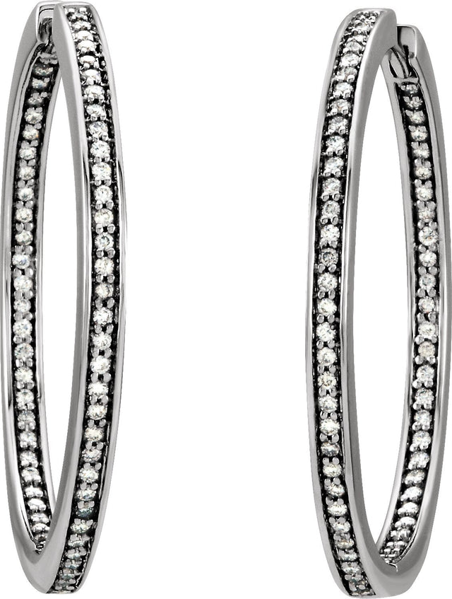 14K Gold Round Natural Diamond Inside-Outside Hoop Earrings – 1mm Stones - White Gold - view 3