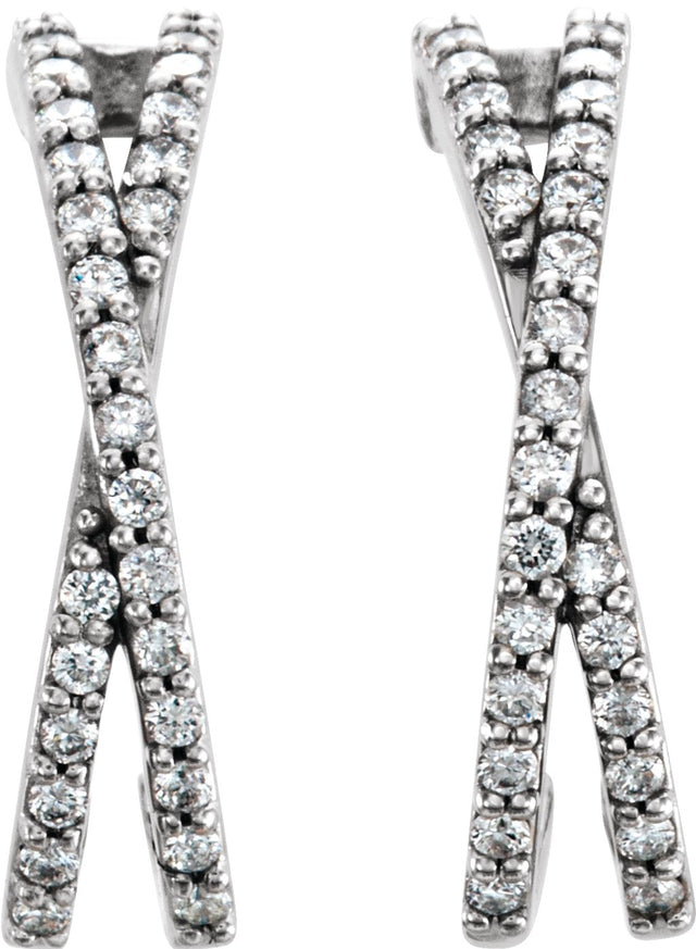 14K Gold Round Natural Diamond Criss-Cross J-Hoop Earrings - White Gold - view 4