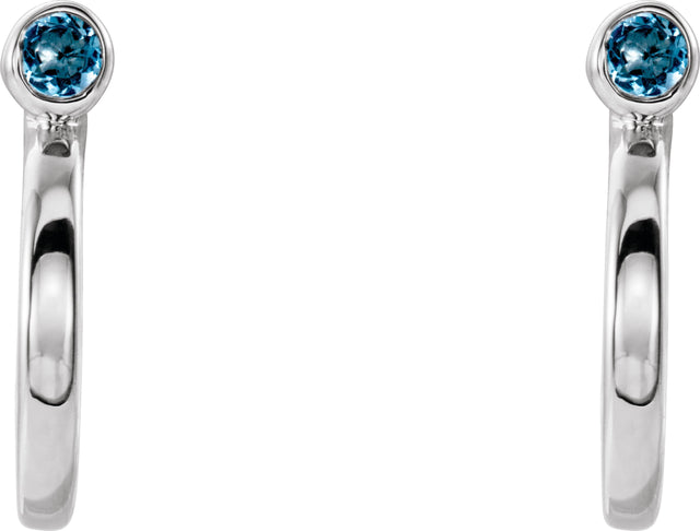 14K Gold Round Natural Aquamarine Bezel-Set Hoop Earrings - White Gold - view 6