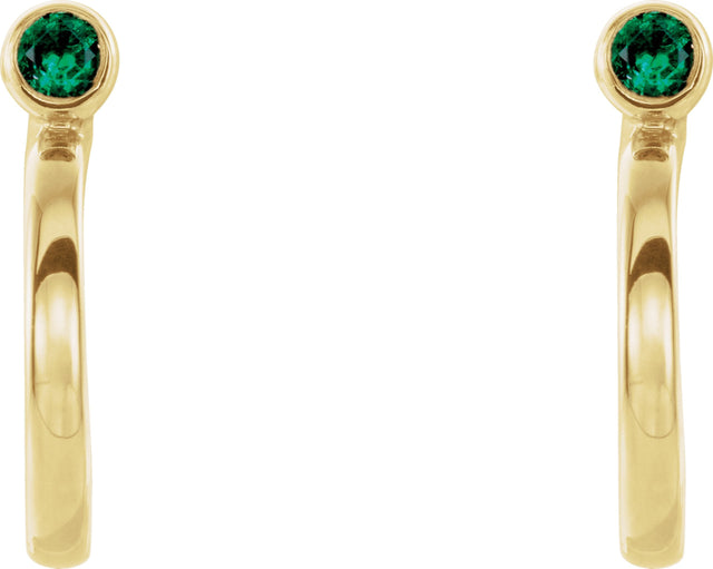 14K Gold Round Lab-Grown Emerald Bezel-Set Hoop Earrings - Yellow Gold - view 6