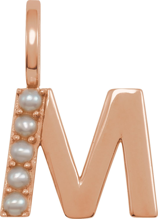14K Gold Cultured White Freshwater Pearl Initial M Pearl Pendant - Rose Gold - view 5