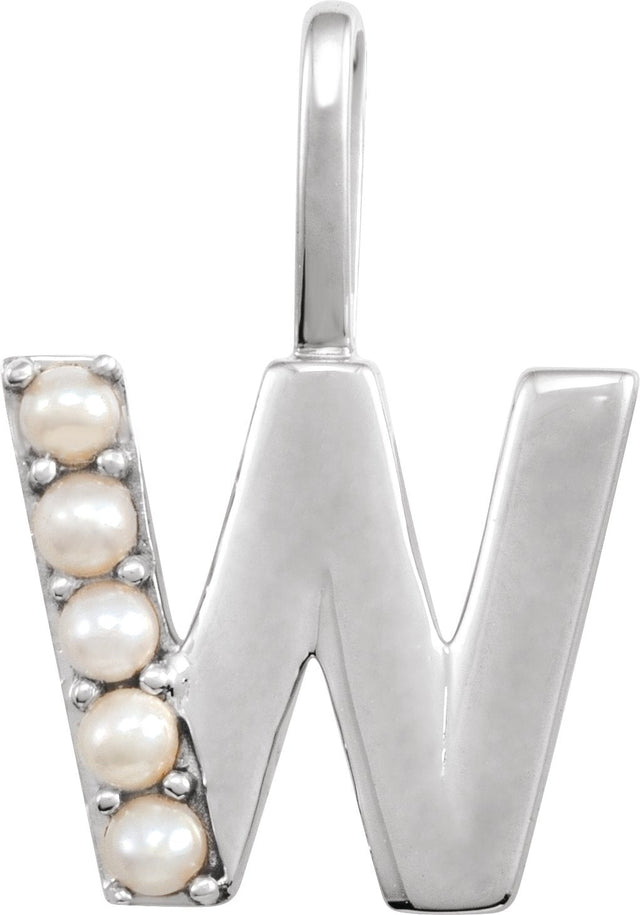 14K Gold Cultured White Freshwater Pearl Initial W Pearl Pendant - White Gold - view 5