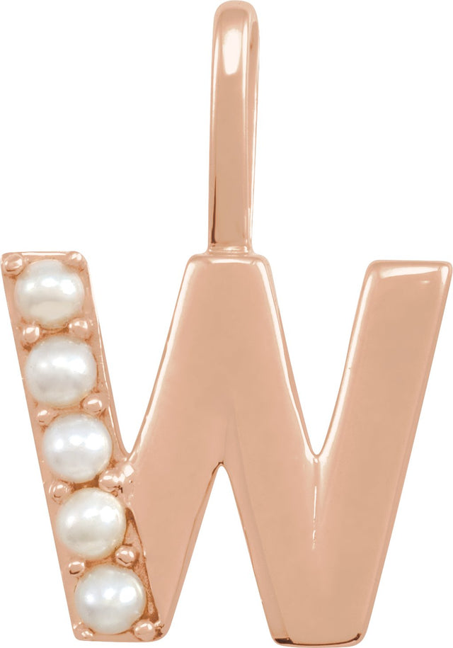 14K Gold Cultured White Freshwater Pearl Initial W Pearl Pendant - Rose Gold - view 5