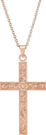 14K Gold Floral Cross Necklace or Pendant - Rose Gold