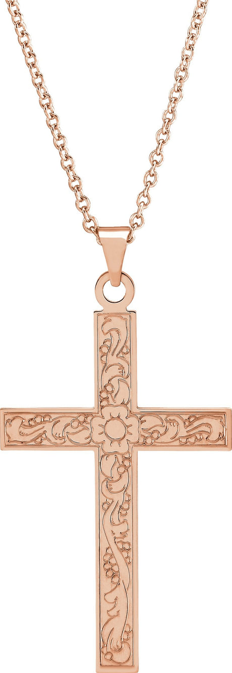 14K Gold Floral Cross Necklace or Pendant - Rose Gold