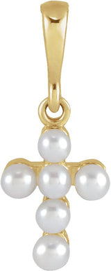 14K Gold Cultured White Seed Pearl Pearl Youth Cross Necklace or Pendant - Yellow Gold