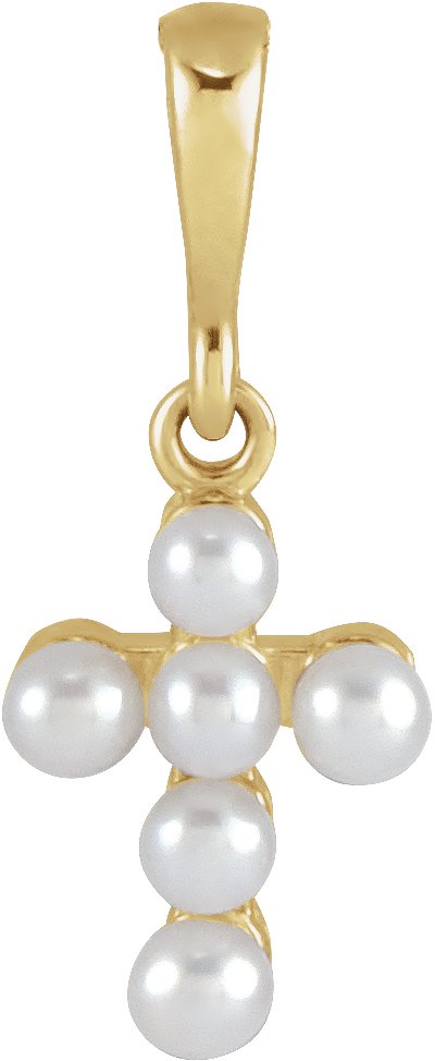 14K Gold Cultured White Seed Pearl Pearl Youth Cross Necklace or Pendant - Yellow Gold