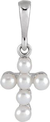Platinum Cultured White Seed Pearl Pearl Youth Cross Necklace or Pendant