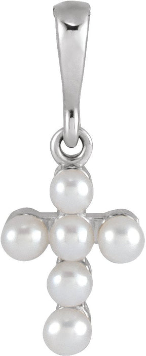 Platinum Cultured White Seed Pearl Pearl Youth Cross Necklace or Pendant