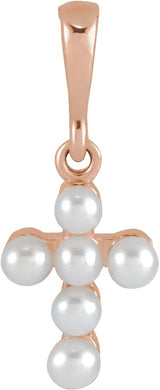 14K Gold Cultured White Seed Pearl Pearl Youth Cross Necklace or Pendant - Rose Gold