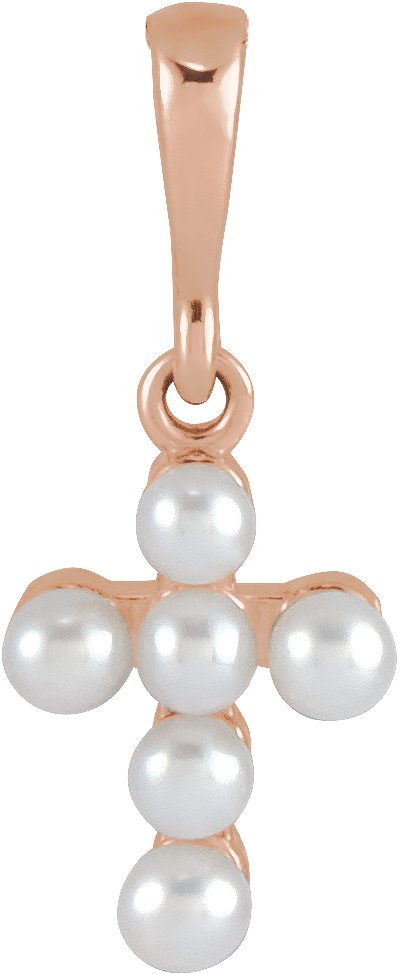 14K Gold Cultured White Seed Pearl Pearl Youth Cross Necklace or Pendant - Rose Gold