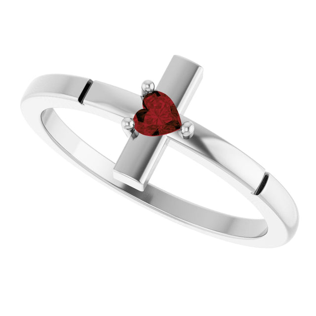 14K Gold Natural Mozambique Garnet Accented Heart Cross Ring - White Gold - view 10