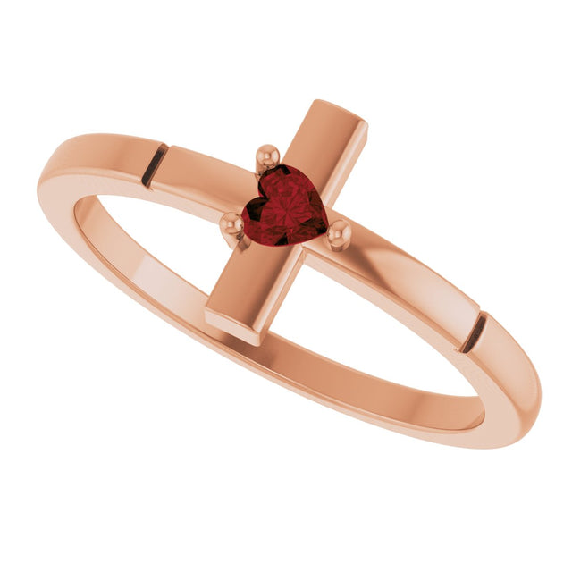 14K Gold Natural Mozambique Garnet Accented Heart Cross Ring - Rose Gold - view 10