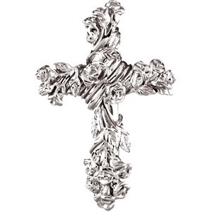 14K Gold Floral-Inspired Cross Pendant – 26.5x17.5mm - White Gold