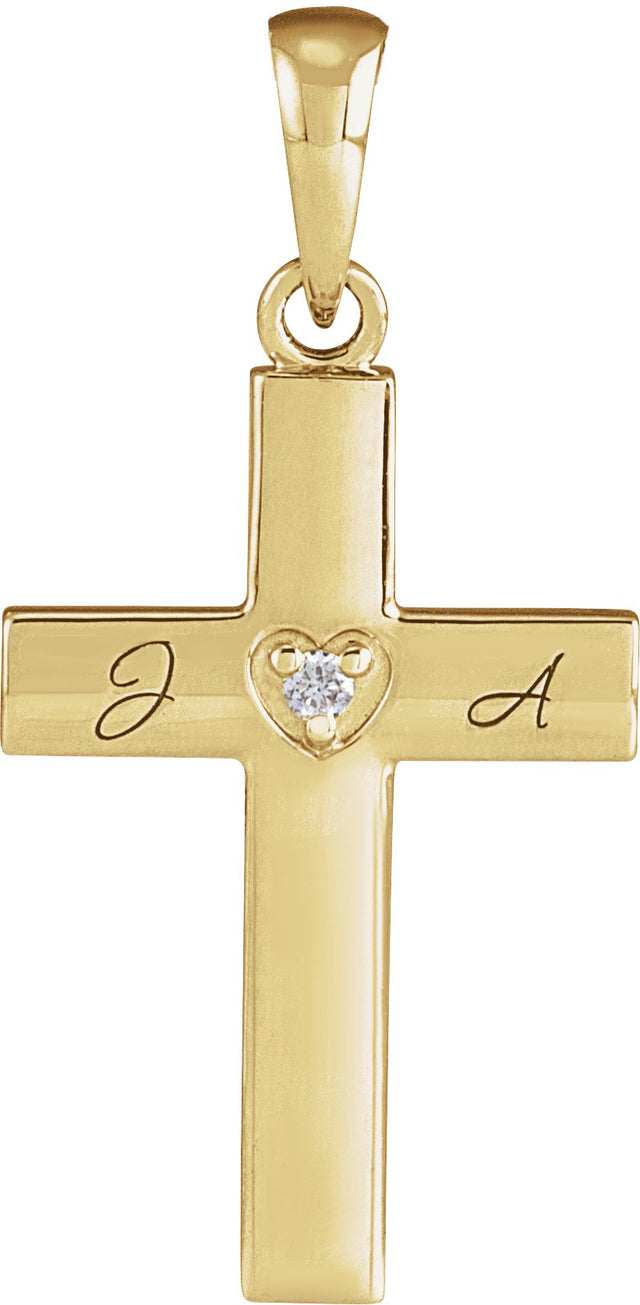 14K Gold Round Natural Diamond Engravable Cross Necklace or Pendant - Yellow Gold - view 6