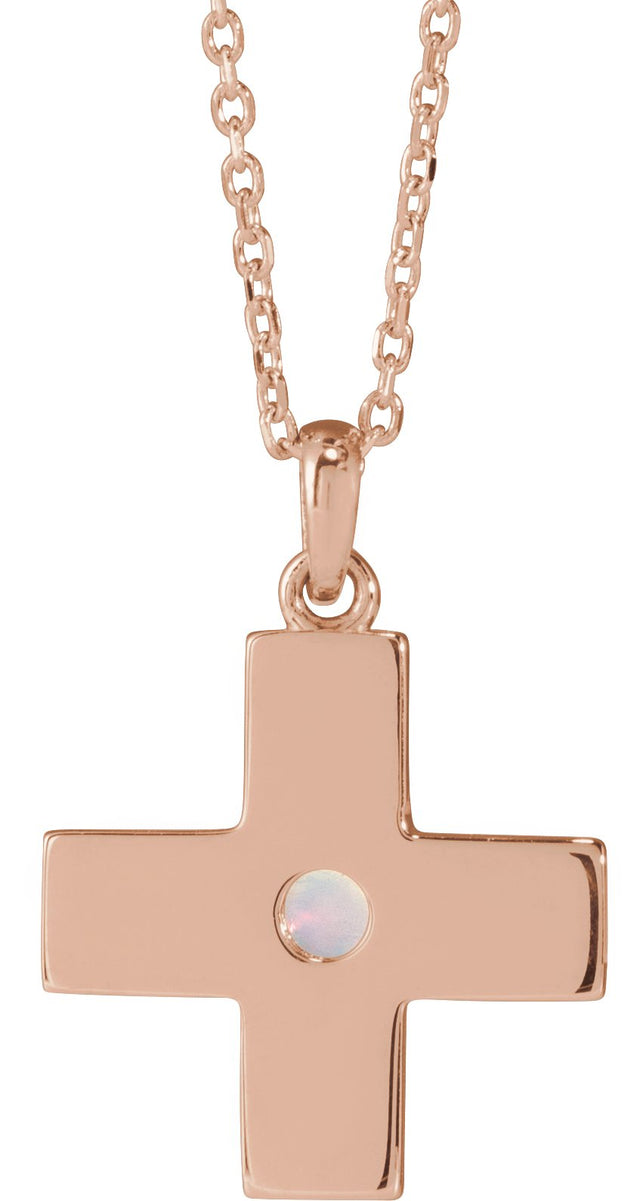 14K Gold Round Natural White Opal Cross Pendant - Rose Gold - view 6