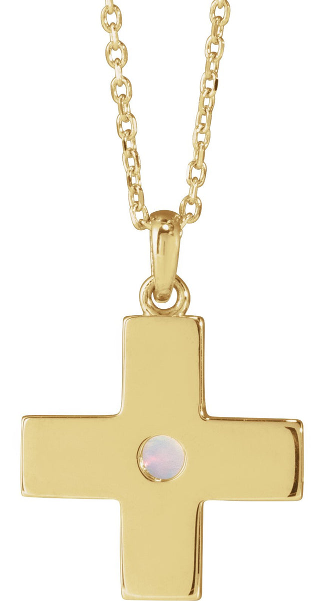 14K Gold Round Natural White Opal Cross Pendant - Yellow Gold - view 6
