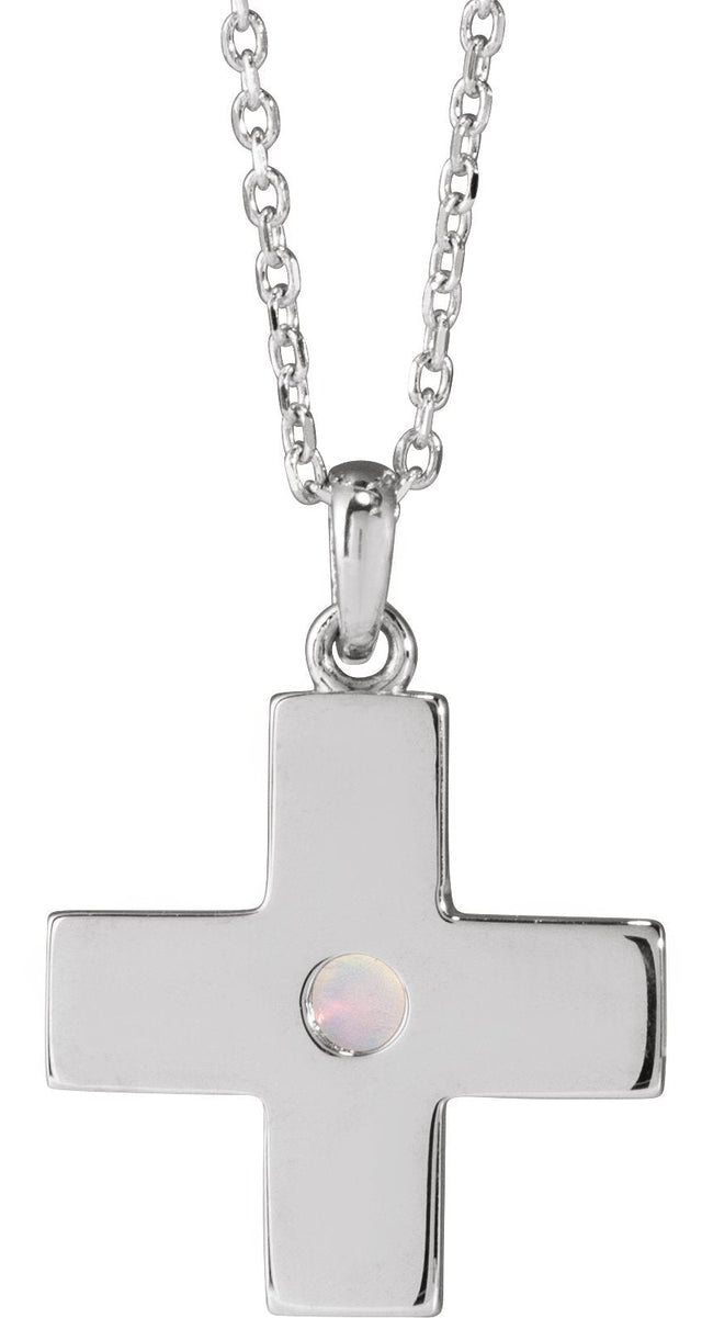 Platinum Round Natural White Opal Cross Pendant - view 6