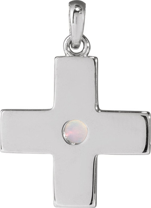 14K Gold Round Natural White Opal Cross Pendant - White Gold - view 6