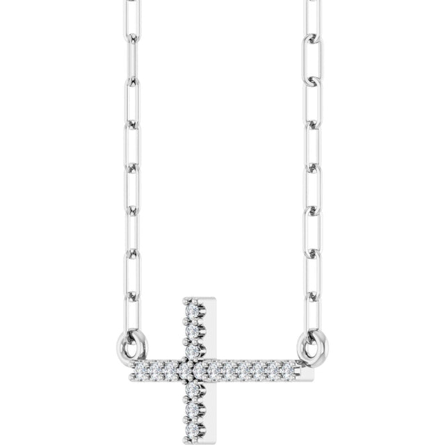 14K Gold Round Natural Diamond Accented Sideways Cross Necklace – 19.3x10.8mm - White Gold - view 5