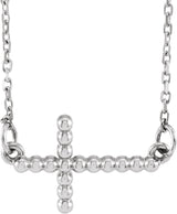 14K Gold Beaded Sideways Cross Necklace - White Gold