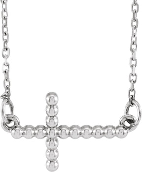 14K Gold Beaded Sideways Cross Necklace - White Gold