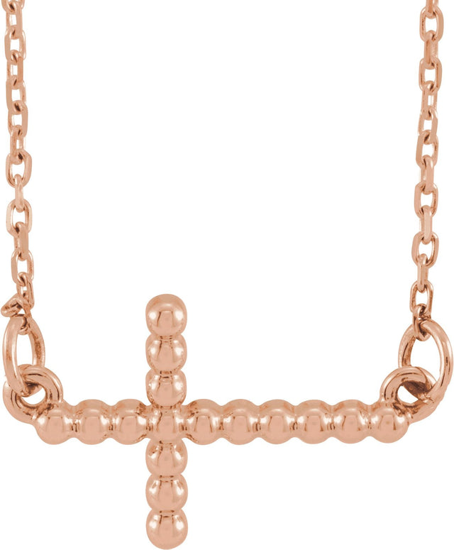 14K Gold Beaded Sideways Cross Necklace - Rose Gold