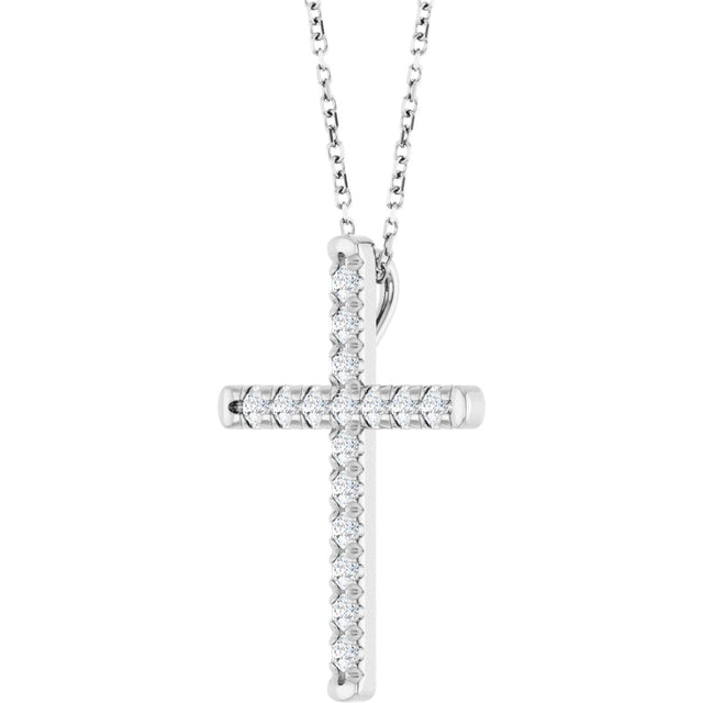14K Gold Round Lab-Grown Diamond French-Set Cross Necklace or Pendant - White Gold - view 8
