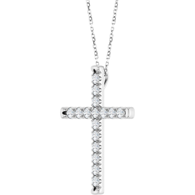 14K Gold Round Natural Diamond French-Set Cross Necklace or Pendant - White Gold - view 9